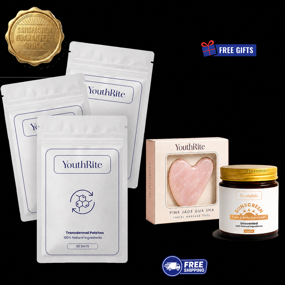 YouthRite Transdermal Patches (90 Patches - 3 Month Supply) + Pink Jade Gua Sha (1 Box) + Tallow Sunscreen (1 Jar)