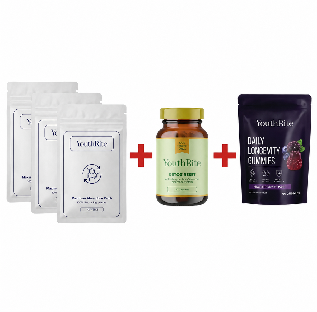 YouthRite Anti-Aging Patches (90 Patches - 3 Month Supply) + Detox Kit (30 Days Supply) + Longevity Gummies 1 pouch (60 Gummies)