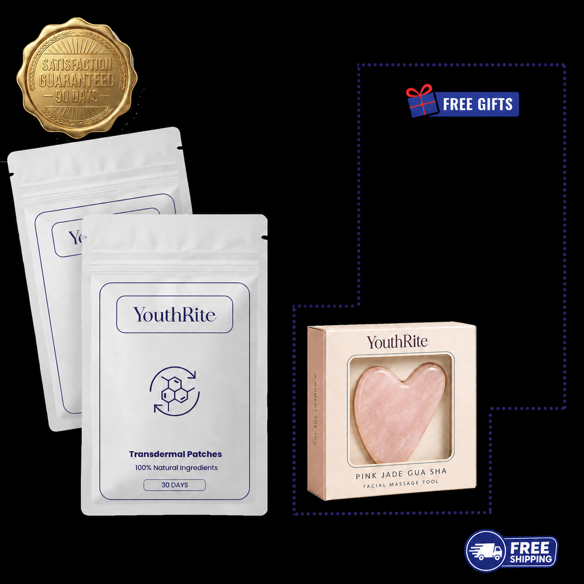 YouthRite Transdermal Patches (60 Patches - 2 Month Supply) + Pink Jade Gua Sha (1 Box)